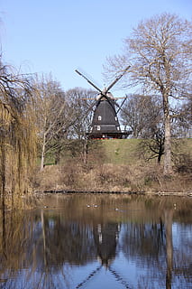 molino, reflejo, azul, cielo, sol, parque, Dinamarca, natural, arboles, agua, árbol, reflexión, estructura construida, arquitectura, nadie, planta, naturaleza, lago, ambiente, turbina eólica, turbina, día, energía eólica, exterior del edificio, energía alternativa, conservación del medio ambiente, generación de combustible y energía, 4K, CC0, dominio público, libre de derechos