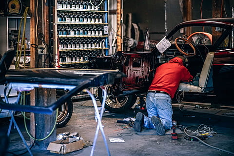 person fixing car, man, repairing, inside, car, Car Restoration, Workshop, mechanic, mechanical, industry, manual Worker, working, factory, equipment, occupation, technology, engineer, machinery, people, work Tool, indoors, steel, construction Industry, men, one man only, only men, real people, one person, technician, mode of transportation, day, casual clothing, rear view, transportation, land vehicle, standing, architecture, welding, garage, complexity, 5K, CC0, public domain, royalty free
