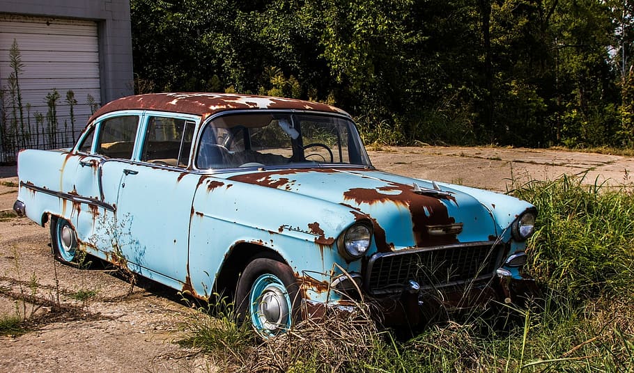 òxid, rovellat, automòbil abandonat, cotxe, decadència rural, coses rovellades, blau, rural, vell, passat de moda, estil retro, obsoleta, antiguitat, vehicle terrestre, abandonat, clàssic, manera de transport, automòbil, transport, espatllat, terra, aixafar, planta, deteriorament, declivi, arbre, naturalesa, dia, metall, cap gent, a l'aire lliure, arruïnat, 1080P