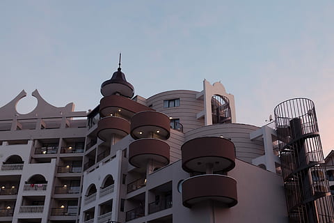 sunny, beach, Hotel, Sunny Beach, Bulgaria, architecture, design, stairs, building, built Structure, architecture And Buildings, building Exterior, no people, city, outdoors, sky, low angle view, nature, clear sky, day, residential district, tower, travel destinations, office building exterior, sunlight, roof, tall - high, place of worship, skyscraper, 4K