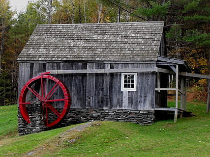 Mill, Wheel, Rustic, Weathered, mill, wheel, red, new england, green, wood, water wheel, wooden, season, natural, countryside, outdoor, country, grass, scenic, rural, nature, house, built structure, wood - material, architecture, building exterior, wagon wheel, plant, no people, land, field, day, old, tree, abandoned, building, outdoors, 2K, CC0, public domain, royalty free