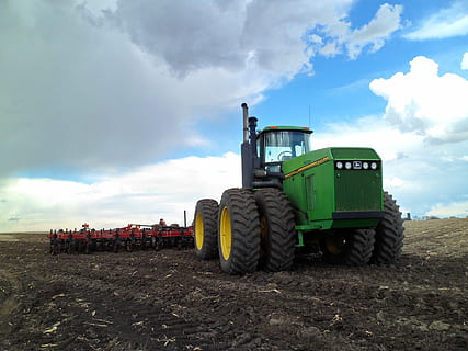 tractor, green, john deere, spring, farm, blue sky, transportation, mode of transportation, sky, land vehicle, cloud - sky, machinery, land, agricultural machinery, nature, day, field, agriculture, agricultural equipment, industry, landscape, occupation, outdoors, construction industry, truck, tire, 4K, CC0, public domain, royalty free