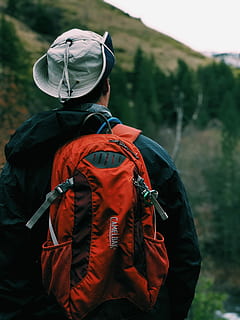 uno, uomo, indossare, nero, giacca con cappuccio, portando, rosso, zaino cammello, zaino, escursioni a piedi, a piedi, capi di abbigliamento, persone reali, retrovisore, una persona, concentrarsi sulle conoscenze acquisite, attività di svago, attività, natura, giorno, stili di vita, albero, dalla vita in su, cappello, uomini, esplorazione, avventura, in piedi, all'aperto, vestiti caldi, cappuccio - abbigliamento, 4K, CC0, dominio pubblico, privo di copyright