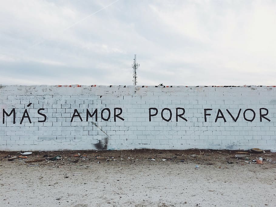 mås, amor, per favor vandalisme a la paret, durant el dia, públic, paret, escriure, vandalisme, a l'aire lliure, cel, signe, comunicació, text, arquitectura, guió occidental, cap gent, estructura construïda, dia, naturalesa, núvol - cel, informació, graffiti, exterior de l'edifici, senyal d'advertència, funció de construcció de parets, signe d'informació, connexió, 1080P