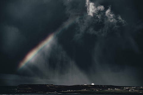 clouds, dark, rain, rainbow, sky, storm, beauty in nature, scenics - nature, cloud - sky, water, nature, environment, no people, outdoors, power in nature, storm cloud, thunderstorm, dramatic sky, landscape, power, non-urban scene, 4K, CC0, public domain, royalty free