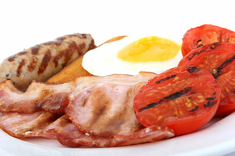 cooked, bacon, tomatoes, sausage, bread, breakfast, broiled, brown, charbroiled, cholesterol, colorful, cooking, copy, deep, diet, dieting, dinner, egg, fat, food, fresh, fry, gammon, golden, good, greasy, grill, grilled, ham, hash, health, healthy, isolated, lunch, meat, morning, natural, nutrition, organic, pork, red, restaurant, space, supper, toast, tomato, vegetables, weight, white, wholesome, yellow, yoke, food and drink, freshness, meal, plate, ready-to-eat, white background, close-up, indoors, healthy eating, studio shot, serving size, cut out, fried, seafood, no people, 2K, CC0, public domain, royalty free