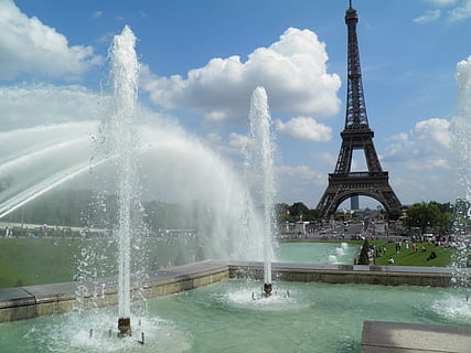 Eiffeltårnet, Paris, Paris, tårn, Eiffeltårnet, eiffel, vand, arkitektur, rejsemål, bygget struktur, springvand, turisme, natur, sprøjtning, rejse, bevægelse, dag, himmel, by, sprøjt, udendørs, historie, sky - himmel, magt i naturen, 2K, CC0, offentligt domæne, royaltyfrie
