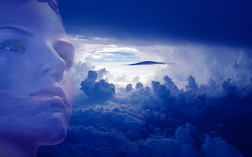 cielo, nuvole, emozione, spazioso, umore, luminosa, nuvola - cielo, una persona, composito digitale, adulto, colpo alla testa, ritratto, parte del corpo umano, analizzare, cercare, guardare, natura, contemplazione, blu, giovane adulto, tecnologia, parte del corpo, comunicazione, volto umano, vista laterale, all'aperto, vista profilo, Guardando, 4K, CC0, dominio pubblico, privo di copyright
