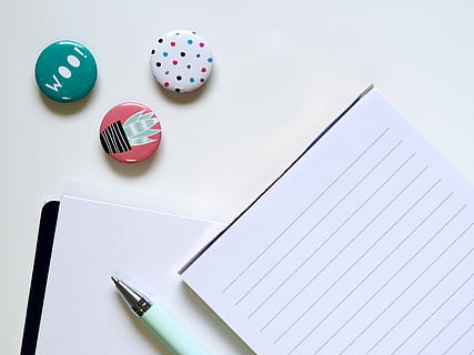 pen, beside, ruled, paper, three, button pins, white, note, desk, journal, write, whitespace, minimal, desktop, white background, creative, writing, button, badge, color, fun, background, create, blogging, blog, simple, still life, table, high angle view, no people, indoors, copy space, communication, studio shot, white color, text, writing instrument, group of objects, publication, blank, book, letter, document, 4K, CC0, public domain, royalty free