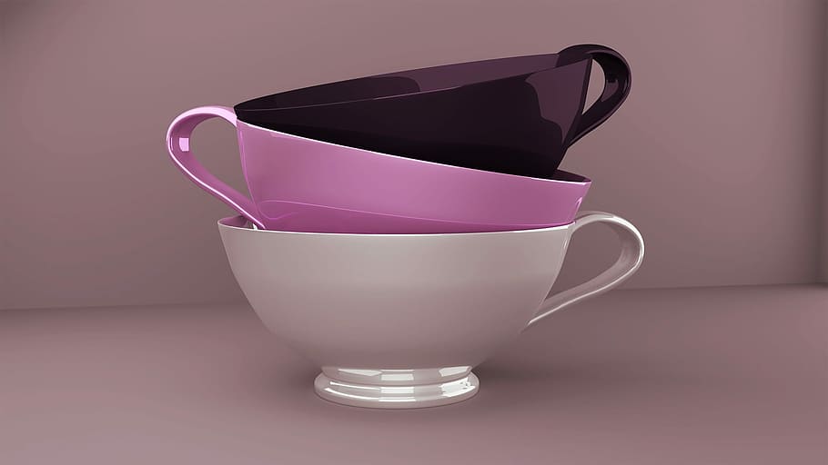 tre keramiske kopper, gryde, køkkenredskaber, baggrund, bordservice, tom, kop, keramisk, drikke, 3d, rendering, 3d model, indendørs, studio skud, krus, enkelhed, mad og drikke, ingen mennesker, tæt på, lyserød farve, keramik, mad, husholdningsudstyr, farvet baggrund, forfriskning, te, te - varm drikke, enkelt objekt, porcelæn, te kop, lilla, 1080P