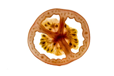 macro, bianca, sfondo, verdura, sfondo bianco, pomodoro, rosso, sezione trasversale, taglio, frutta, ritagliare, cibo e bevande, mangiare sano, cibo, in casa, girato in studio, forma, cerchio, freschezza, natura morta, avvicinamento, forma geometrica, nessuno, direttamente sopra, design, fetta, colore arancione, arancia, tentazione, spuntino, 5K, CC0, dominio pubblico, privo di copyright