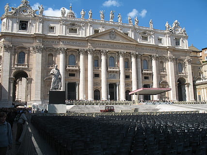 vatican, st peter, square, rome, basilica, architecture, cathedral, dome, travel, catholic, europe, ancient, religion, landmark, famous, sky, tourism, capital, christian, monument, religious, view, pope, column, catholicism, sightseeing, historical, holy, landscape, marble, exterior, built structure, building exterior, architectural column, history, the past, travel destinations, nature, incidental people, sculpture, day, art and craft, facade, low angle view, human representation, statue, city, outdoors, colonnade, ornate, 1080P, CC0, public domain, royalty free
