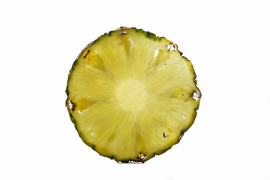 Ananasscheibe, Obst, weißer Hintergrund, Makro, Ananas, Schnitt, Gelb, Scheibe, Kreuzung, ausgeschnitten, Zitrusfrucht, gesundes Essen, grüne Farbe, Lebensmittel, reif, Essen und Trinken, Studioaufnahme, Frische, Wohlbefinden, Nahansicht, drinnen, Stillleben, einzelnes Objekt, keine Leute, Kiwi, Apfel - Frucht, direkt darüber, Snack, 2K