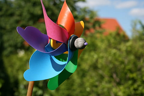 Windmühle, Farben, Wind, Spielzeug, Windrad Spielzeug, keine Leute, Fokus auf den Vordergrund, Tag, mehrfarbig, Natur, Pflanze, Blau, Kunst und Handwerk, Nahansicht, draußen, Darstellung, Tierdarstellung, Kreativität, Himmel, Flachwinkelansicht, einzelnes Objekt, gestalten, lila, 4K, CC0, gemeinfrei, lizenzfrei