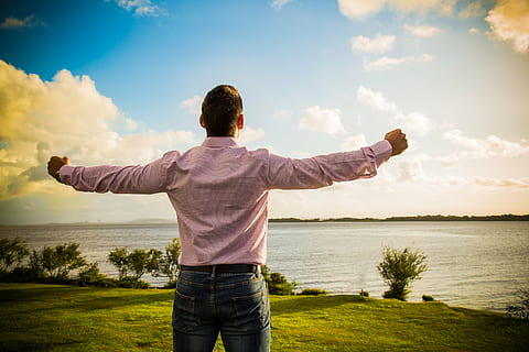 none, nothing, outdoors, men, nature, people, success, one Person, arms Outstretched, sky, water, cloud - sky, limb, human arm, rear view, standing, three quarter length, casual clothing, human limb, sea, body part, arms raised, human body part, leisure activity, hand, positive emotion, freedom, 5K, CC0, public domain, royalty free