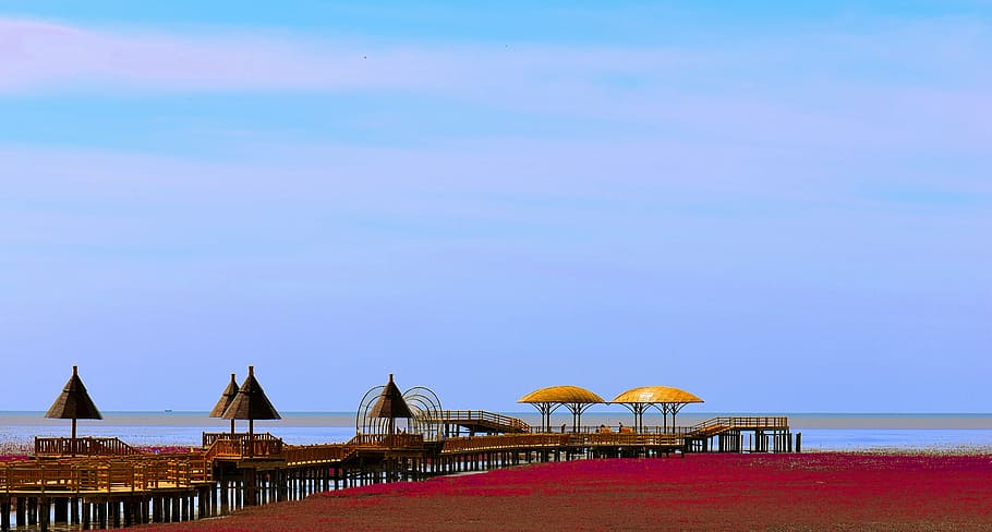 platja vermella, mar, vermell, arquitectura, estructura construïda, cel, aigua, exterior de l'edifici, naturalesa, blau, destinacions de viatge, cap gent, platja, terra, a l'aire lliure, turisme, còpia espai, escenics - natura, edifici, viatjar, cel clar, 5K