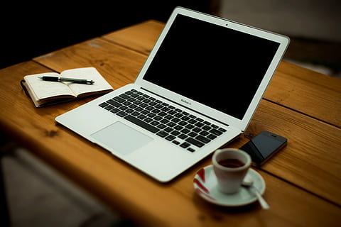 turned-off macbook air, brown, wooden, surface, macbook, air, book, ceramic, mug, saucer, macbook air, laptop, computer, notepad, pen, espresso, coffee, iphone, table, wood, technology, apple, business, office, wireless technology, communication, wood - material, desk, computer keyboard, internet, connection, drink, indoors, furniture, cup, coffee cup, coffee - drink, food and drink, no people, blank, crockery, 5K, CC0, public domain, royalty free