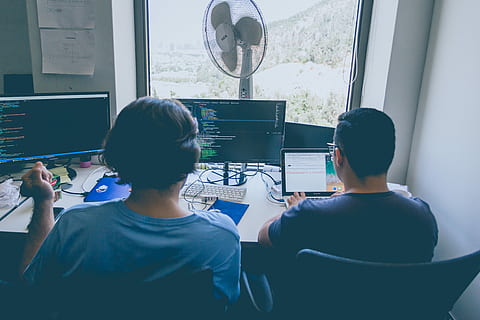 two, men, using, computer, laptop, people, sitting, front, computer monitors, code, programming, screen, monitor, rear view, indoors, window, technology, adult, communication, two people, real people, women, day, headshot, transparent, casual clothing, portrait, table, glass - material, 4K, CC0, public domain, royalty free