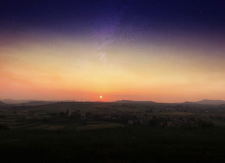 verde, montagna, tramonto, fotografia, alto, angle-view, città, cielo, scenics - natura, bellezza nella natura, ambiente, paesaggio, scena tranquilla, la tranquillità, natura, colore arancione, stella - spazio, astronomia, notte, nessuno, spazio, idilliaco, architettura, silhouette, all'aperto, paesaggio urbano, 8K, CC0, dominio pubblico, privo di copyright