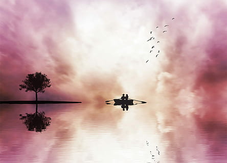 fotografia di silhouette, persona, equitazione, barca, coracle, camminare, riflessione, coppia, cielo, nuvole, albero, uccelli, onde, volante, nuvola - cielo, natura, aereo, silhouette, mezzi di trasporto, veicolo aereo, uccello, mezz'aria, modo di trasporto, vertebrato, acqua, nessuno, spettacolo aereo, tramonto, gruppo di animali, in movimento, industria aerospaziale, Stormo di uccelli, 4K, CC0, dominio pubblico, privo di copyright