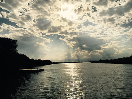 landscape, river, cloud, plot, shadow, light, sunlight, water, sky, cloud - sky, scenics - nature, beauty in nature, nautical vessel, transportation, tranquility, tranquil scene, tree, nature, reflection, mode of transportation, waterfront, no people, silhouette, lake, non-urban scene, outdoors, 4K, CC0, public domain, royalty free