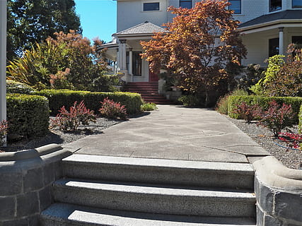 grå betonbane, pathway, gangbro, forhave, sti, udendørs, landskab, sten-, gå, vej, landskabspleje, plante, træ, arkitektur, bygning udvendig, bygget struktur, natur, ingen mennesker, bygning, vækst, dag, sollys, boligområde, trappe, hus, foran eller baggård, himmel, tom, by, 4K, CC0, offentligt domæne, royaltyfrie