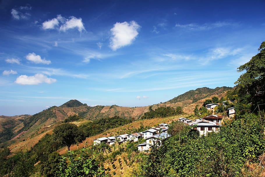 krajobraz, niebieski, niebo, Natura, łąka, góry, kalaw, Myanmar, Birma, roślina, architektura, zbudowana struktura, budynek, na zewnątrz budynku, drzewo, Góra, scenics - natura, dom, piękno natury, dzielnica mieszkaniowa, chmura - niebo, środowisko, dzień, wylądować, wioska, żadnych ludzi, na dworze, pejzaż miejski, 5K