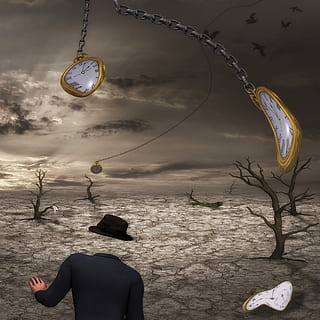 udholdenhed, tidsmaleri, landskab, tid, tiden går, ur, ure, forgængelighed, mand, hovedløs, surrealistisk, rigtige mennesker, en person, himmel, jord, natur, strand, hav, sky - himmel, hængende, herrer, vand, livsstil, voksen, dag, sand, udendørs, digital komposit, scenics - natur, 4K, CC0, offentligt domæne, royaltyfrie