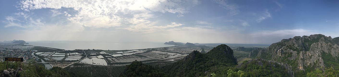 mountains, nature, sky, clouds, aerial view, environment, grass, land, panorama, panoramic, cloud - sky, architecture, scenics - nature, landscape, plant, built structure, building exterior, travel destinations, tree, mountain, no people, history, fog, beauty in nature, outdoors, ancient civilization, 8K, CC0, public domain, royalty free