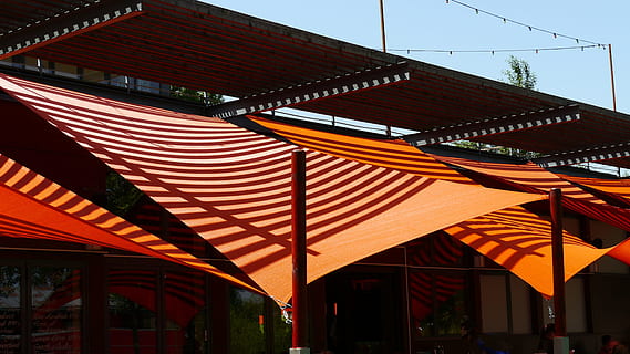 Shadows, Repeating, Patterns, Sunshine, repeating patterns, outdoors, architecture, roof, awning, retail, night, illuminated, multi colored, built structure, building exterior, building, day, nature, no people, sky, pattern, striped, sunlight, house, red, travel destinations, tourism, low angle view, roof tile, 4K, CC0, public domain, royalty free