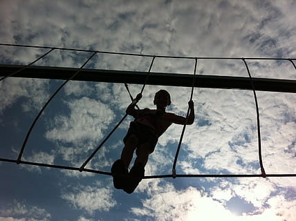 low, angle photography, boy, standing, hanging, bridge, child, playing, high sky, clouds, sky bridge, challenge, person, rope, sport, outdoors, extreme Sports, action, jumping, climbing, fun, cloud - sky, sky, low angle view, one person, full length, real people, men, nature, lifestyles, leisure activity, day, silhouette, holding, enjoyment, rear view, adventure, directly below, 2K, CC0, public domain, royalty free