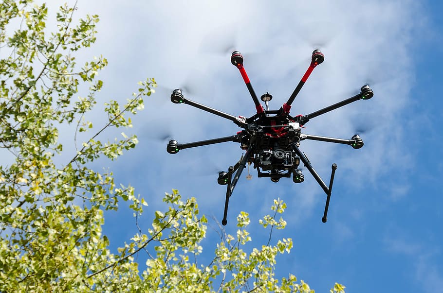 negre, vermell, drone, arbre, hexacopter, uav, rpas, avions, dji, pla del rotor, monitorització de l’aire, quadcopter, multirotor, helicòpter de càmera, volar, càmera, càmera de vigilància, helicòpter, seguretat, llançament vertical, terra vertical, fotografia aèria, vídeo aeri, fotografies aèries, enginyeria, ortofoto, sinergia, Internet de les coses, canvi climàtic, monitorització, veure la vista general, protecció, reialesa, cap gent, dia, a l'aire lliure, primer pla, naturalesa, cel, vista d’angle baix, volant, a l'aire, tecnologia, temes de fotografia, càmera - equip fotogràfic, transport, vehicle aeri, núvol - cel, blau, color negre, planta, indústria aeroespacial, 2K