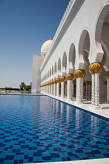 moschea, archi, religioso, Arabo, architettura, monumento, Islam, blu, Abu Dhabi, arabia, piscina, stile arabo, struttura costruita, Emirati Arabi Uniti, arco, esterno dell'edificio, acqua, natura, colonna architettonica, giorno, cielo sereno, cielo, nessuno, costruzione, turismo, destinazioni di viaggio, viaggio, pavimentazione, all'aperto, cortile, pavimento piastrellato, 2K, CC0, dominio pubblico, privo di copyright
