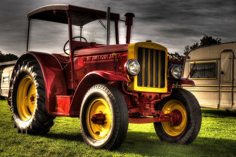 vermell, groc, tractor, col · locat, remolc de viatge, hdr, foto, a prop, viatjar, tràiler, rodes, pneumàtics, vehicle comercial terrestre, transport, pneumàtic, a l'aire lliure, nit, il·luminat, cap gent, manera de transport, vehicle terrestre, núvol - cel, estil retro, camió, camioneta, automòbil, planta, roda, herba, naturalesa, cel, metall, vell, negocis, 4K