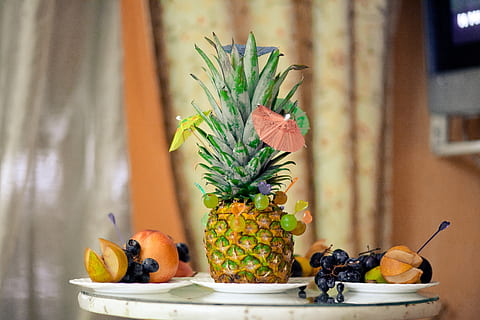 pineapple, fruit, sweet, healthy eating, food and drink, food, wellbeing, table, no people, freshness, focus on foreground, indoors, still life, close-up, orange color, decoration, day, plant, tropical fruit, nature, home interior, ripe, 4K, CC0, public domain, royalty free