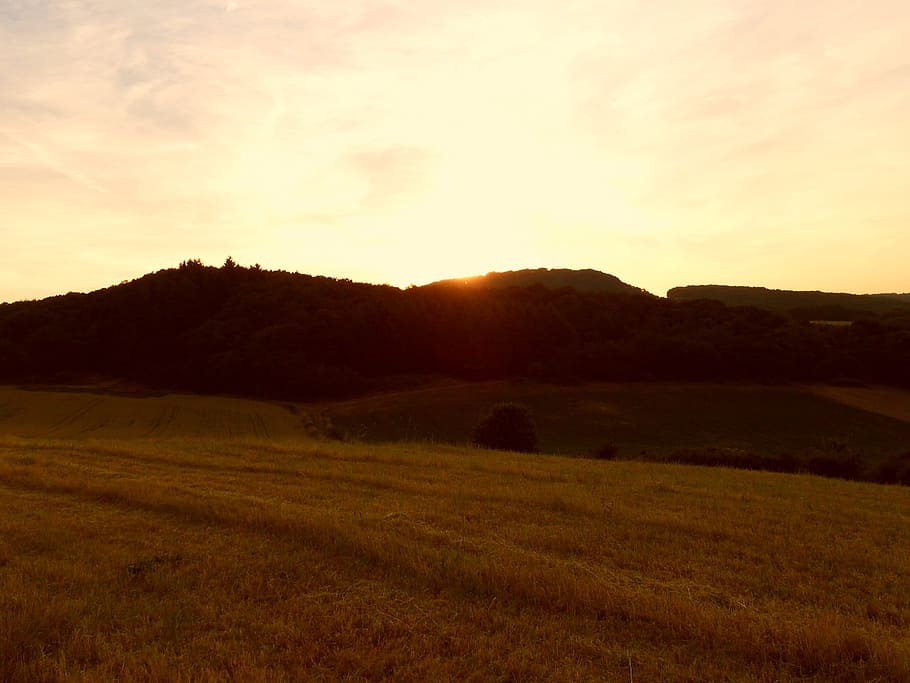 solnedgang, Skov, Mark, aften, himmel, aftenhimmel, Abendstimmung, eng, humør, dramatisk himmel, i linsen, eifel, Brohltal, natur, landskab, ingen mennesker, scenics, landbrug, ro, skønhed i naturen, rolig scene, plante, scenics - natur, miljø, græs, jord, sol, sollys, sky - himmel, bjerg, ikke-urbane scene, linseflare, udendørs, rullende landskab, 2K