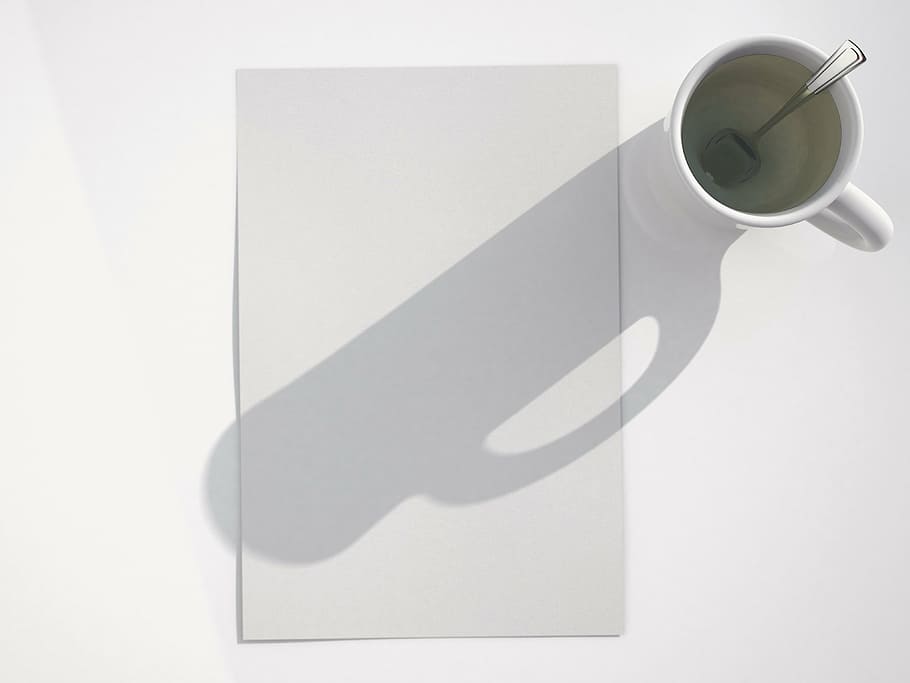 ombra, tassa, cullerada, blanc, paper de la impressora, lletres, paper, tee, 3d, representació, visualització, Visualització del concepte 3D, idea, fons blanc, cap gent, a l'interior, primer pla, dia, tir de l'estudi, còpia espai, beure, llum solar, Color blanc, tassa de cafè, menjar i beguda, document, sol objecte, senzillesa, vista d’angle alt, refresc, paperassa, en blanc, 4K