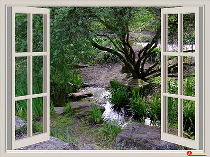 hvitt trevindue, vindu, hage, vindusrammer, Outlook, bach, liten strøm, parkere, Sør Park, düsseldorf, foto montasje, Tyskland, hus, hjem interiør, innendørs, anlegg, vekst, tre, natur, ingen folk, dag, utendørs, foran eller bakgård, ro, bygget struktur, arkitektur, grønn farge, skjønnhet i naturen, gress, bygning, rolig scene, automatisk postproduksjonsfilter, grønn, 4K, CC0, offentlig domene, opphavsrett gratis