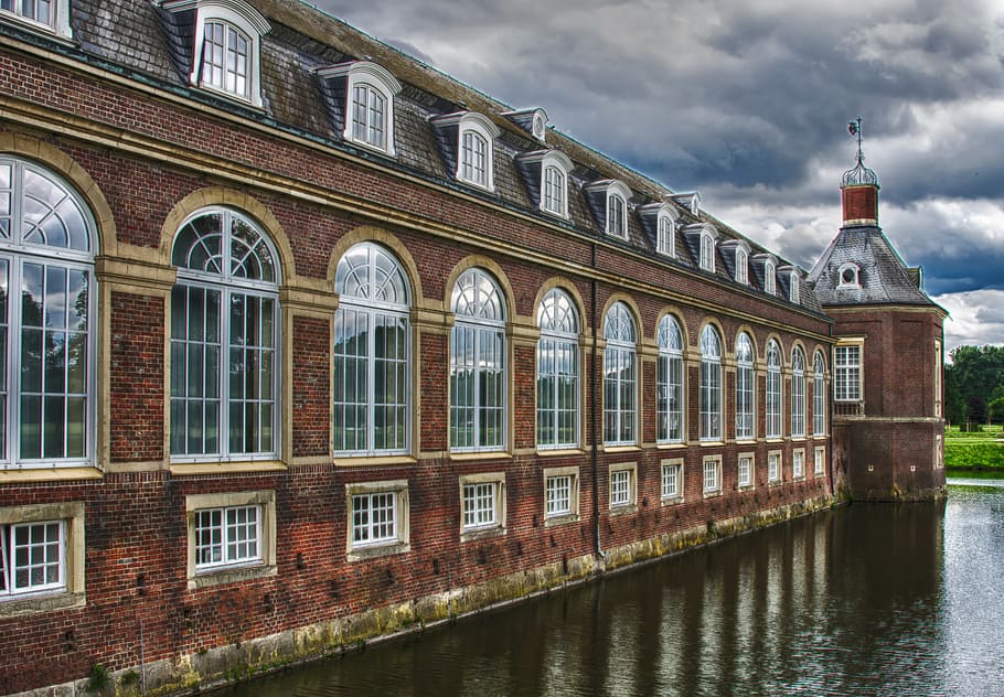 katedrála, vedle, tělo, voda, hrad, historicky, fasáda, okno, kopat, wasserschloss, zrcadlení, nebe, mraky, architektura, budova, schloß nordkirchen, münsterland, Německo, westfalen, starý, cihlový, Červené, zdivo, Zajímavosti, exteriér budovy, stavba, mrak - nebe, nikdo, Příroda, oblouk, Dějiny, minulost, destinace, město, odraz, den, nábřeží, kanál, venku, 5K