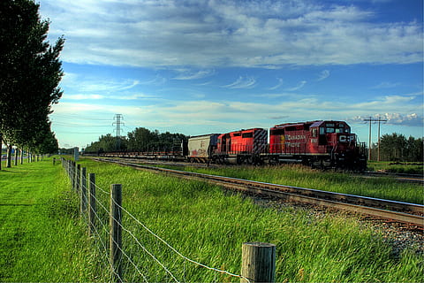 Alberta, Canada, Clouds, Landscape, sky, train, fence, grass, trees, railroad, railway, summer, spring, country, countryside, transportation, rail transportation, railroad track, train - vehicle, cloud - sky, mode of transportation, track, plant, public transportation, nature, day, tree, no people, field, travel, land, outdoors, shunting yard, 4K, CC0, public domain, royalty free
