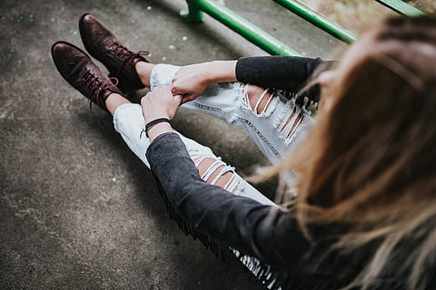 woman, black, jacket, ripped, jeans, green, handrail, Blonde, female, girl, beautiful, rail, pretty, people, women, outdoors, females, young Adult, sitting, caucasian Ethnicity, shoe, one Person, adult, adults only, one man only, mid adult, high angle view, selective focus, young women, casual clothing, lifestyles, day, hair, human body part, indoors, relaxation, real people, hand, hairstyle, 4K