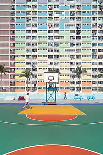 white, teal building, basketball court, teal, building, sport, outdoors, urban Scene, court, basketball - sport, competition, competitive sport, sports team, architecture, built structure, building exterior, real people, day, playing, men, leisure activity, city, people, lifestyles, nature, residential district, incidental people, 5K, CC0, public domain, royalty free