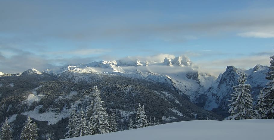 dachstein, panorama, hivern, neu, temperatura de fred, naturalesa, bellesa a la natura, cap gent, escenics - natura, muntanya, cel, núvol - cel, paisatge, medi ambient, escena tranquil·la, tranquil·litat, Serra, muntanya nevada, escena no urbana, dia, arbre, a l'aire lliure, cim de muntanya, arbre de coníferes, 2K