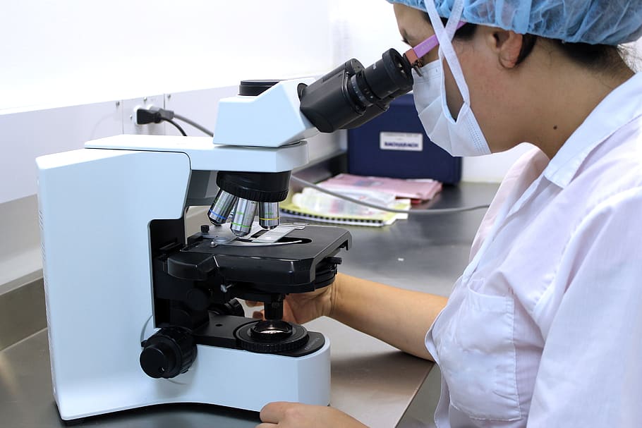 dona, utilitzant, endins, laboratori, microscopi, laboratoris, proves, ciència, proves, diagnòstic, vidre, química, recerca, tècnic, experiment científic, ocupació, salut i medicina, equips de laboratori, educació, instrument òptic, científic, a l'interior, treball, una persona, tecnologia, investigació mèdica, vista lateral, examinant, biologia, bata de laboratori, analitzar, 5K