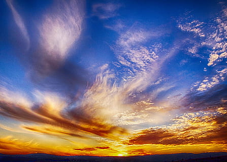 Gelb, Blau, Himmel, golden, Stunde, Sonnenuntergang, rot blau, blauer Himmel, Sonnenaufgang, Sommer-, rot, Sonne, Wolken, Natur, Landschaft, Orange, glücklich, Platz, bunt, Dramatischer Himmel, wolke - himmel, szenen, Schönheit in der Natur, Szenen - Natur, Ruhe, idyllisch, keine Leute, ruhige Szene, orange Farbe, Flachwinkelansicht, draußen, Sonnenlicht, majestätisch, Hintergründe, Wolkengebilde, 4K, CC0, gemeinfrei, lizenzfrei
