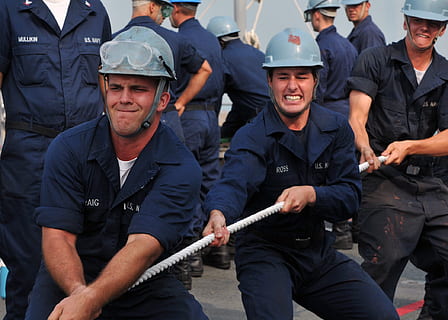men, wearing, hard, hats, pulling, rope, teamwork, sailors, coordinated work, ship, lines, crew, aircraft carrier, military, seamen, task, effort, usa, people, uniform, group of people, occupation, clothing, law, adult, cooperation, police force, standing, government, three quarter length, protection, front view, young adult, authority, coworker, aggression, 1080P, CC0, public domain, royalty free