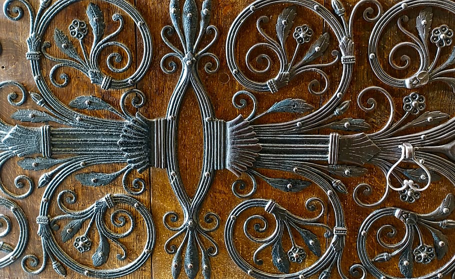 jernvarer, mønster, metal, jern, metallisk, stål, baggrunde, fuld ramme, træ - materiale, gear, ingen mennesker, tæt på, dør, indgang, design, form, indendørs, rusten, Brun, gammel, tekstureret, cirkel, detalje, geometrisk form, udsmykkede, smedejern, 4K