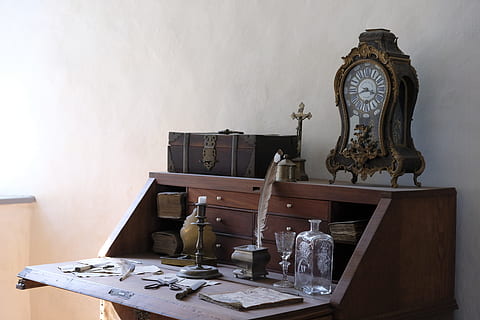brown, wooden, analog clock, top, slant-top desk, wall, clock, grandfather clock, pendulum clock, table clock, time, time of, old, decorative, antique, secretary, furniture, leave, communication, office, desk, indoors, no people, table, wall - building feature, book, shelf, art and craft, history, representation, human representation, publication, the past, sculpture, architecture, craft, home interior, 5K, CC0, public domain, royalty free
