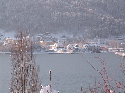 austria, maria wörth, scape, vann, natur, anlegg, tre, ingen folk, fugl, virveldyr, arkitektur, dag, naturskjønnhet - natur, skjønnhet i naturen, røyk - fysisk struktur, vinter, dyr i naturen, bygge eksteriør, innsjø, kaldtemperatur, gruppe dyr, utendørs, 2K, CC0, offentlig domene, opphavsrett gratis