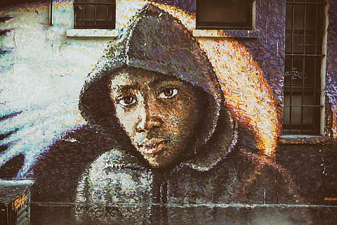 depicting, man, wearing, hoodie, top, Street Art, urban, graffiti, people, cultures, religion, asia, one person, real people, looking at camera, front view, portrait, building exterior, architecture, representation, built structure, day, window, creativity, headshot, outdoors, art and craft, close-up, building, digital composite, human face, 4K, CC0, public domain, royalty free